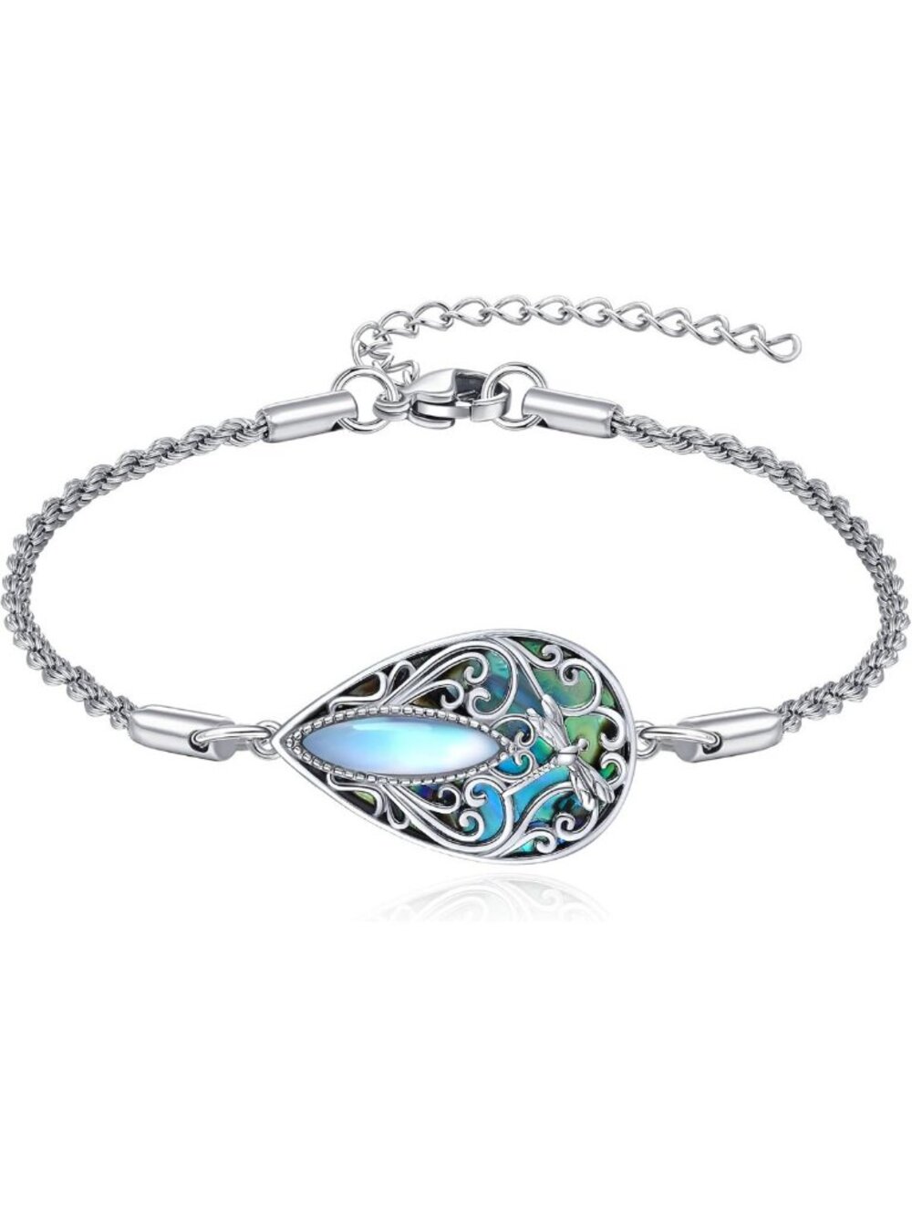 Sterling Silver Dragonfly Filigree Bracelet with Teardrop Abalone Shell - Gift